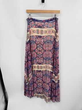 LIKE MYNDED Boho pleated Maxi Skirt Sz L red blue cream